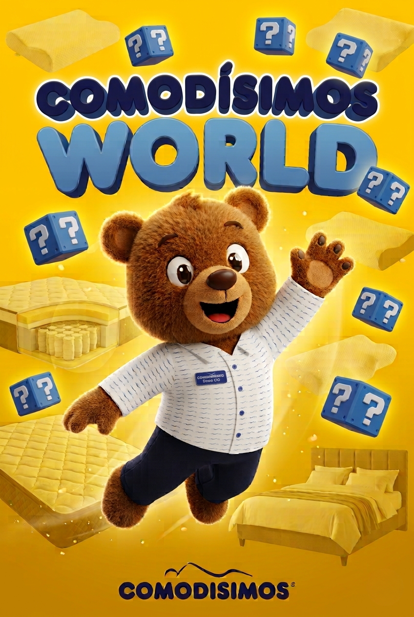 Portada de Comodísimos World con el oso especialista rodeado de bloques de preguntas y productos de descanso